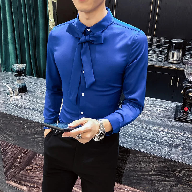

Elegant Mens Shirts Royal Blue Slim Fit Men Shirts Silk Tie White Shirts Mens Office Dress Heren Overhemd Dinner Ekose Gomlek