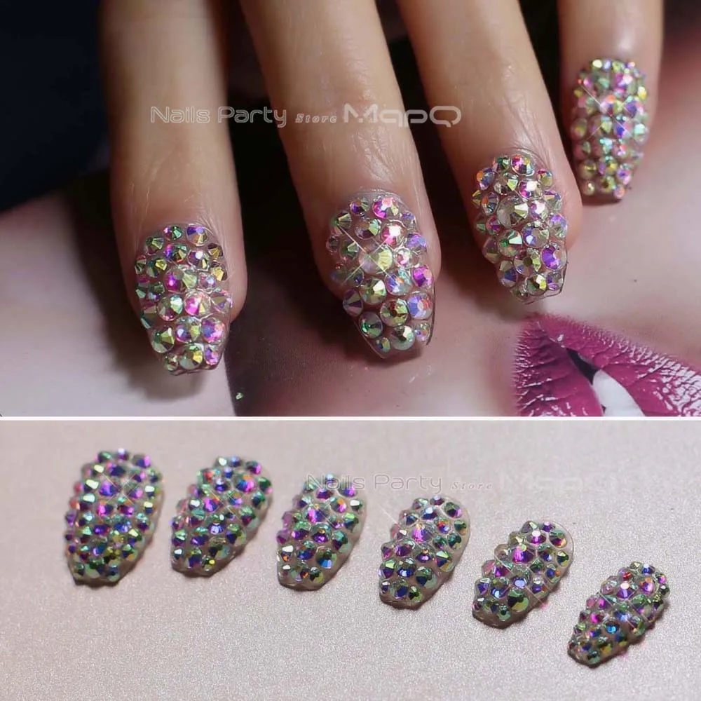 Искусственные ногти в форме гроба средней длины Стразы AB для самостоятельного