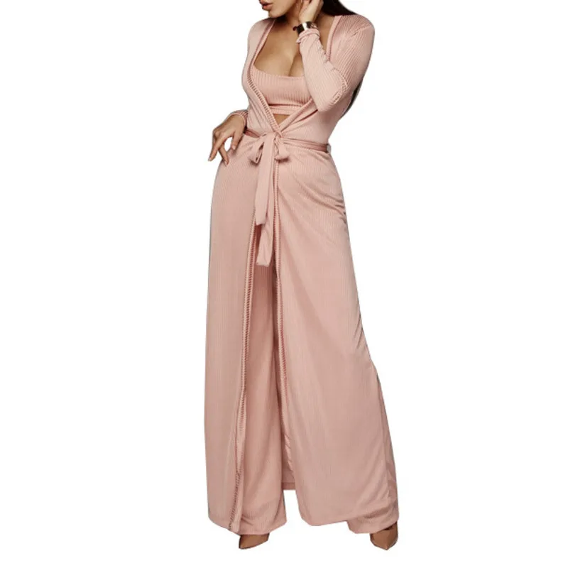 pink colour Женский трикотажный комплект из 3 предметов, короткий топ на бретелях штаны с завышенной талией, кардиган с длинными рукавами, вязаное пальто уличная одежда - Цвет: pink colour