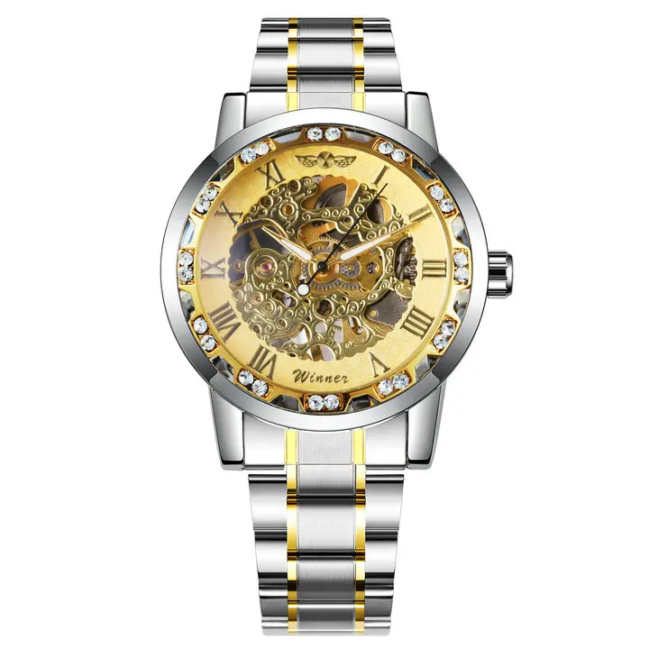 GOLD GOLD WINNER Skeleton Mechanical Watch Men Crystal Iced Out Golden Dial Brand Luxury Man Watch Steel Strap Business Wristwatch - Цвет: GOLD GOLD