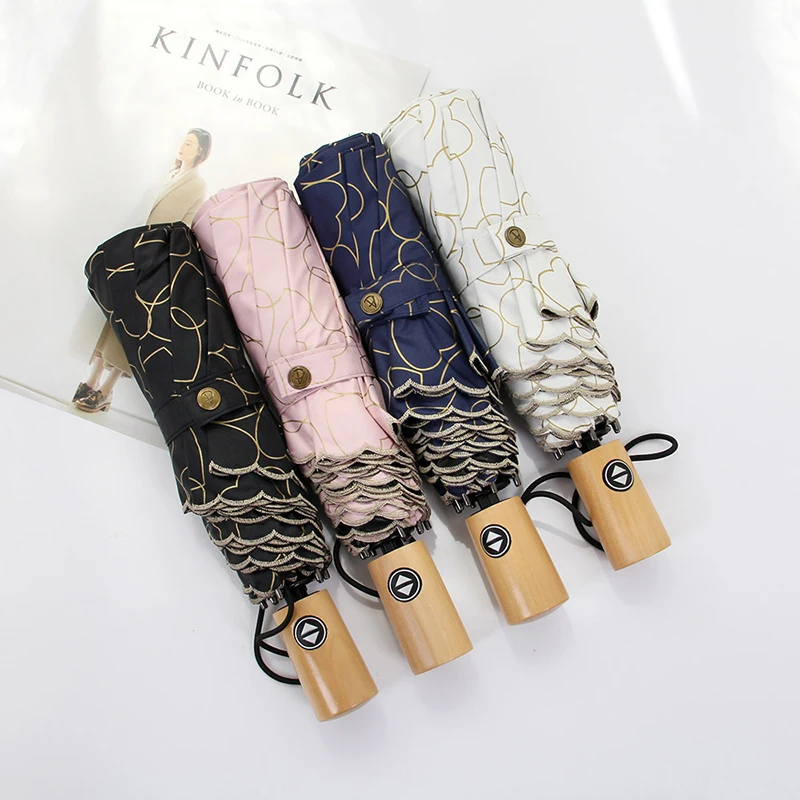 

Yesello Heart Automatic Umbrella Rain Women Heart Print Anti UV Three Folding Lace Umbrellas For Ladies Parasol Wind Resistant