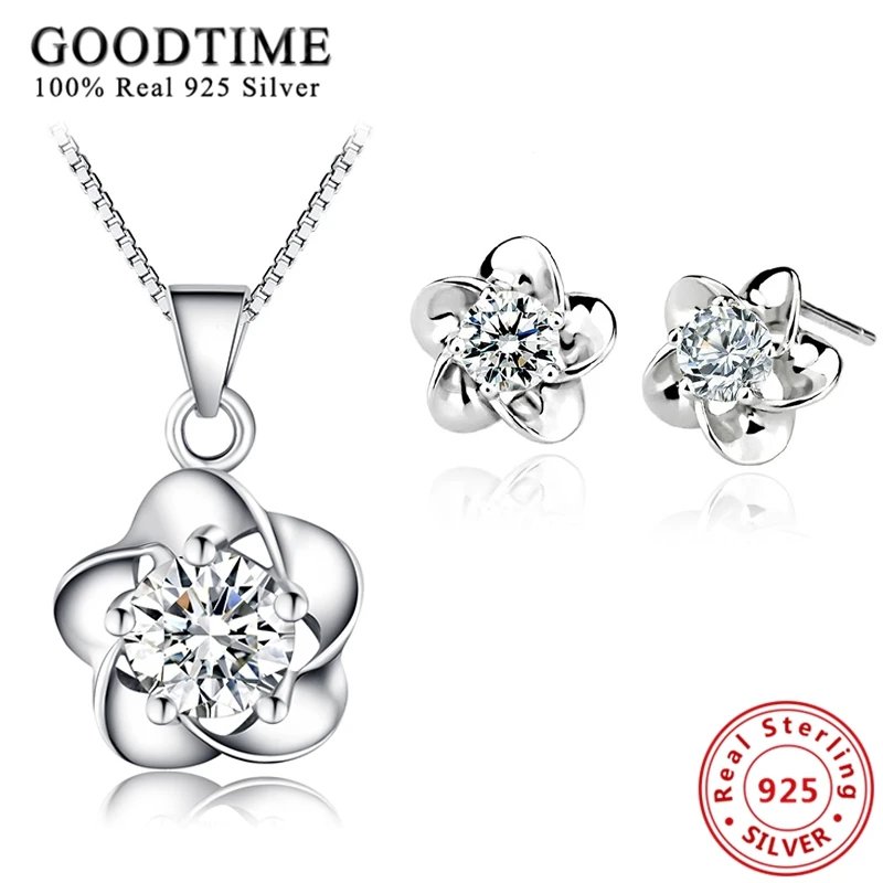 

Silver Jewelry Sets Luxury Cute Flower 925 Sterling Silver Jewelry Set Fashion AAA Cubic Zirconia Necklaces/Stud Earrings Female