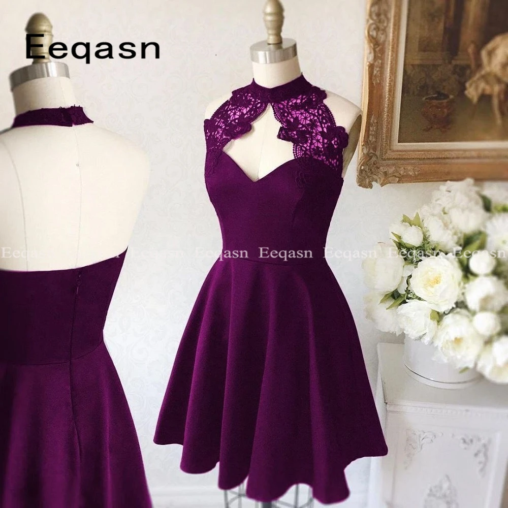

New Sexy Purple Lace Top Cocktail Dresses A-Line Pleated Short Mini Back Open Party Gown Semi Formal Dress Robe Cocktail