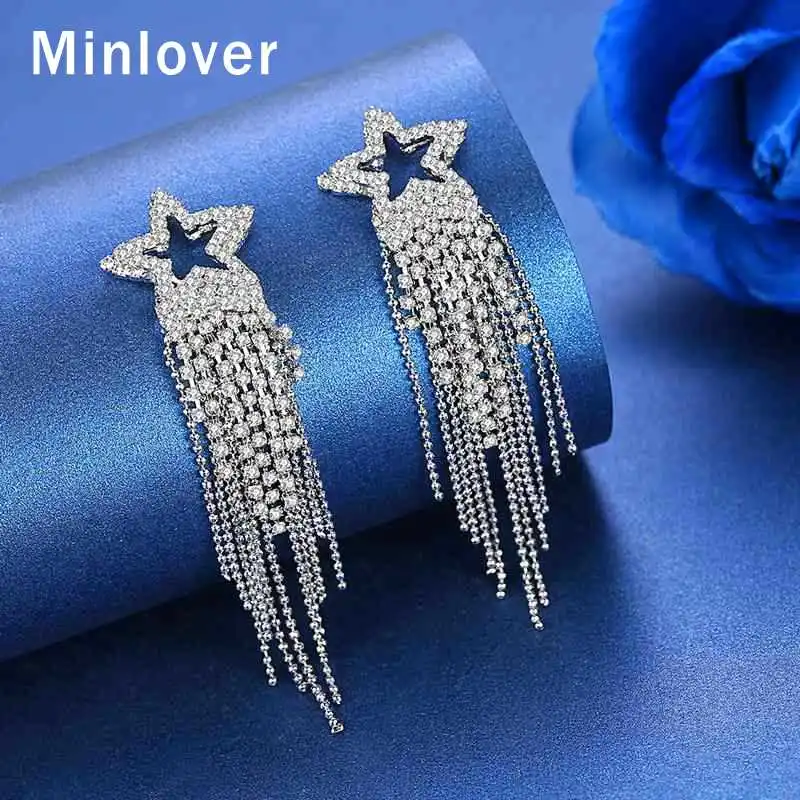 Minlover серебряный цвет Висячие серьги для женщин кристалл в форме звезды богемные невесты серьги с ниспадающими кисточками Свадебные ювелирные изделия MEH1444