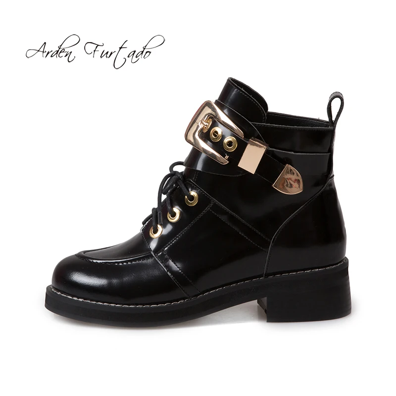 Arden Furtado 2018 spring autumn genuine leather platform motorcycle ankle boots metal matin lace up buckle women's shoes | Обувь