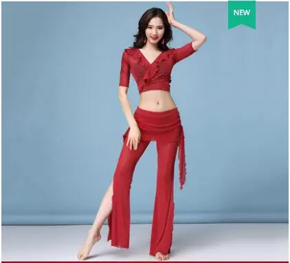 Red wine Костюм для танца живота Набор Женщины Mesh Top+ брюки Женщины Сексуальная практика танцевальные костюмы Одежда для танцев живота - Цвет: Red wine