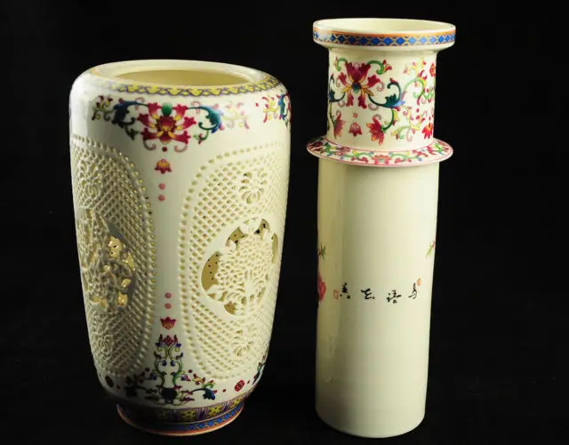 

Set 2 Piece Hollowed Chinese Rose Colorful Porcelain Big Vase w Qianlong Mark