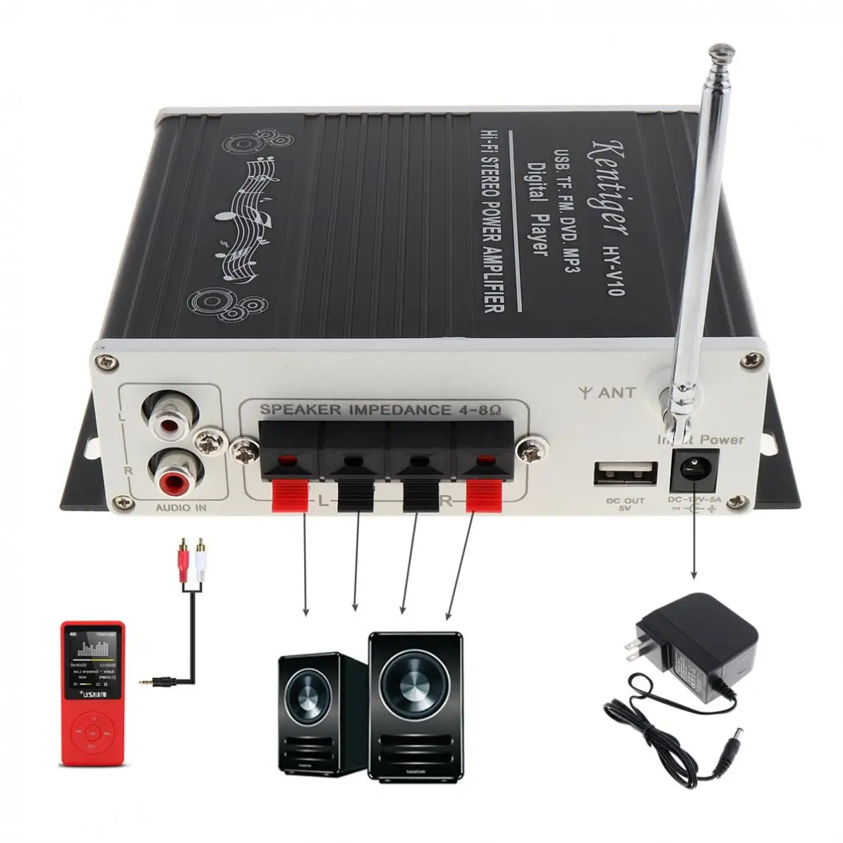 Sale HY-V10 20W x 2 2CH HI-FI Bluetooth Car Audio Power Amplifier FM Radio Player Support SD / USB / DVD / MP3 Input