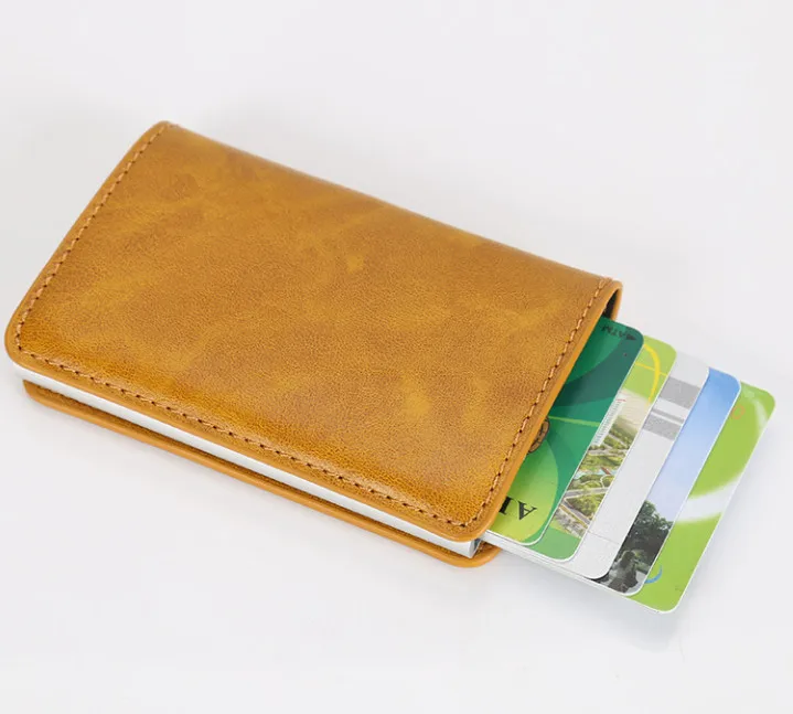 Новое поступление мужской блокирующий Rfid кошелек мини кожаный бизнес алюминиевый кредитный держатель для карт кошелек автоматически скользящий Чехол для карт - Цвет: Brown
