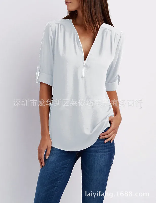 Blusas mujer de moda, рубашка с длинным рукавом и v-образным вырезом, Элегантная блузка, шифоновая Женская Коллекция nouvelle, с украшением на молнии