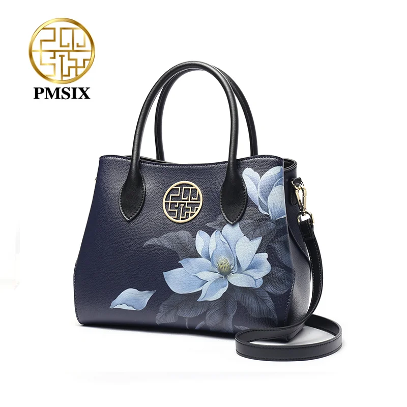 PMSIX  Fashion Cow Leather Handbags For Women  New Printed Flowers Cowhide Luxury Ladies  Shoulder & Crossbody Bags 2020