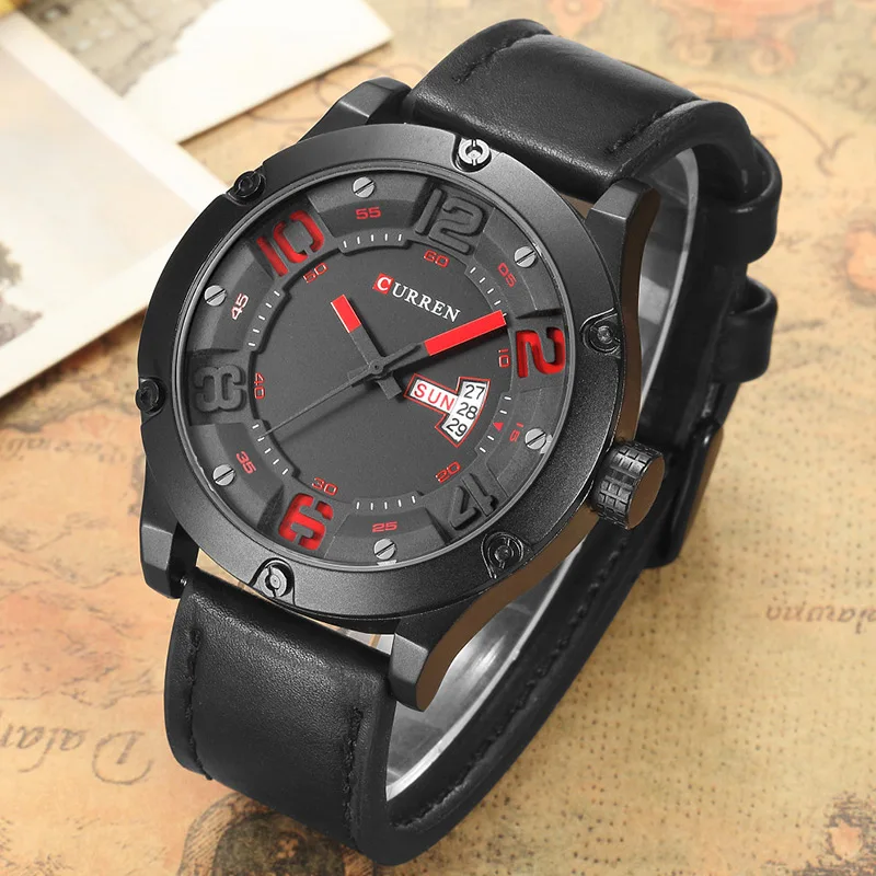 CURREN Montre Homme мужские часы роскошные черные спортивные кварцевые кожаные Наручные