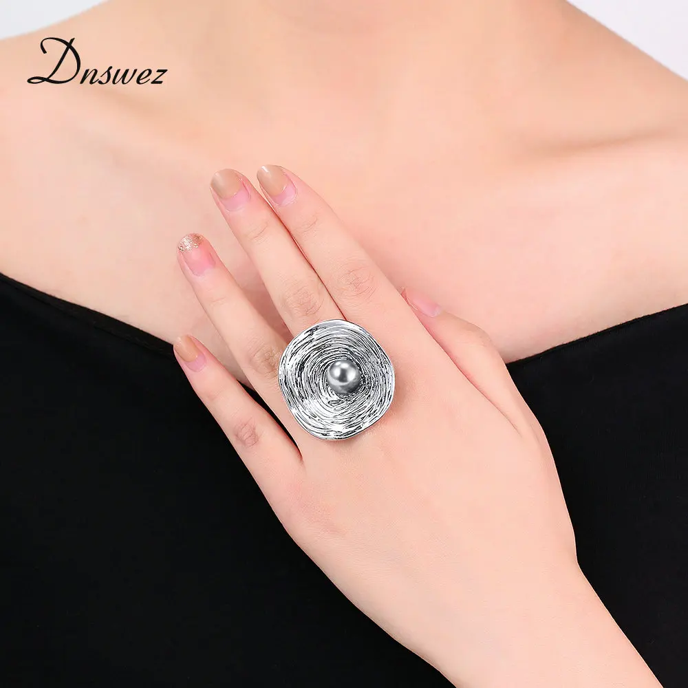 Dnswez Big Round Ring for Women Retro Silver Color with Black Pearl Decoration Geometric Gift Jewelry Bijouterie R1990 | Украшения и