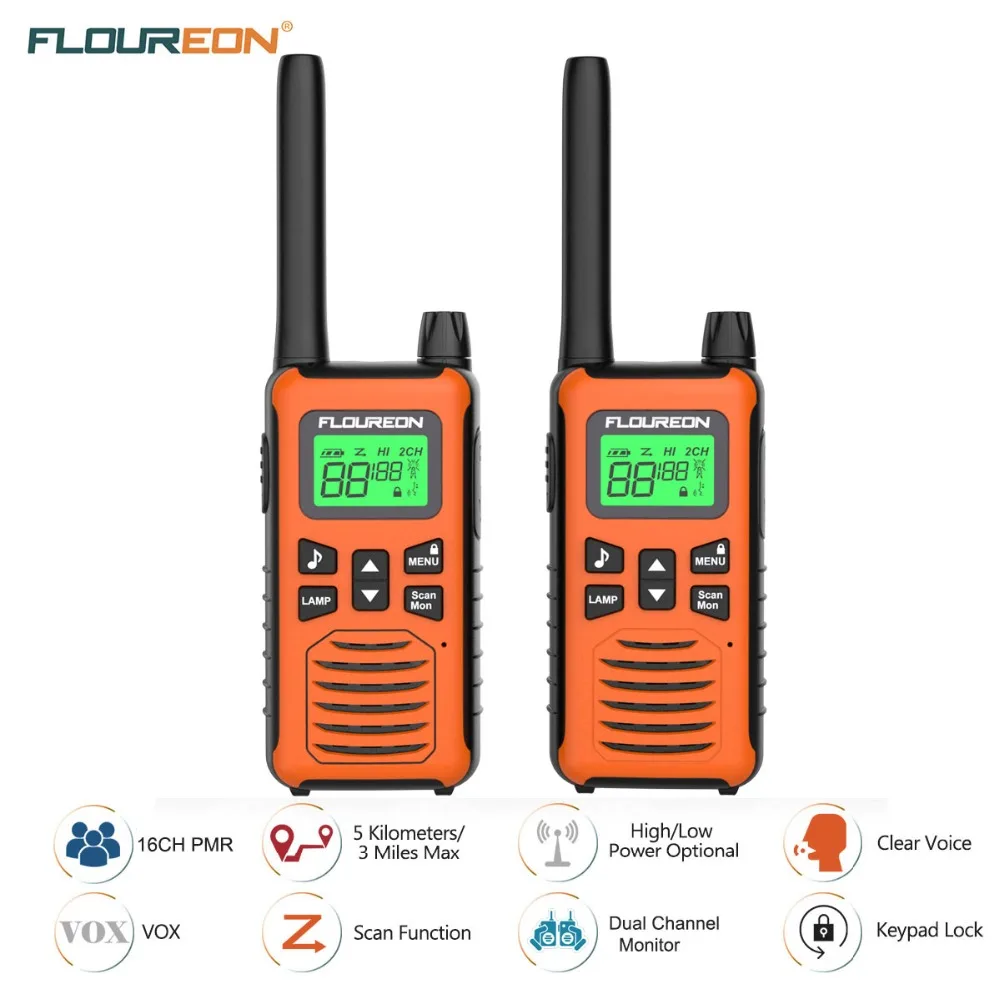 FLOUREON 16 каналов Twins Walkie Talkies PMR 446MHZ двухстороннее радио до 5000 метров/3,1 милей диапазон ручной переговорный оранжевый