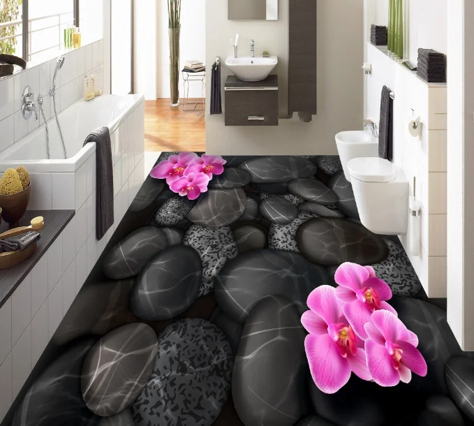

[Self-Adhesive] 3D Black Stone Petals 3 Non-slip Waterproof Photo Self-Adhesive Floor Mural Sticker WallPaper Mural Print Decal