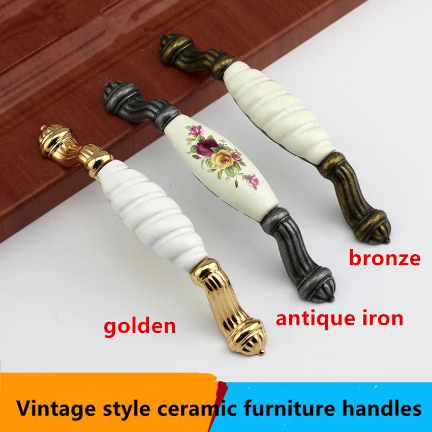 

128mm fashion rural ceramic vintage furniture handles Antique iron dresser door handle white golden cabinet drawer pulls knob 5"