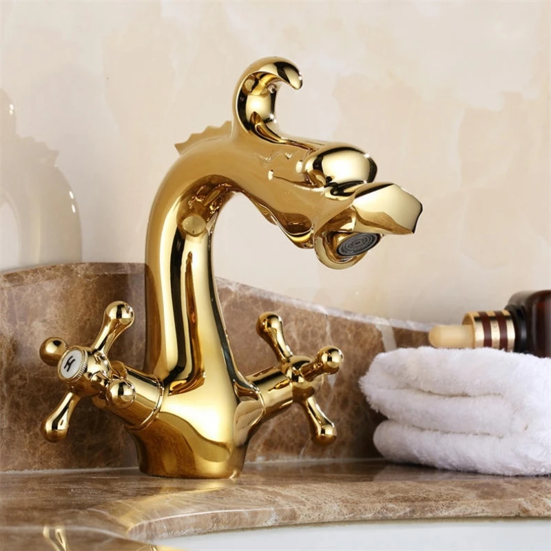 

Basin Faucets Dragon Dual Cross Handle Gold-plating Vanity Antique Home Decoration Deck Mounted Brass Bathroom Taps ZLY-6052