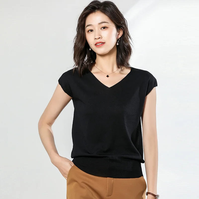 BELIARST 2019 Summer New Ice Silk Short-sleeved Woman V-neck Sweater Slim Sleeveless Pullover Thin Section Large Size | Женская одежда