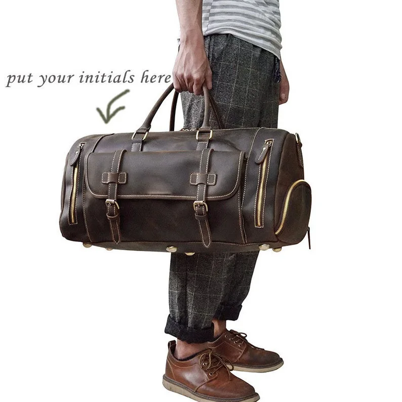 Crazy Horse Leather Duffel With Shoes Pouch Handmade Travel Bag Vacation Holdall Personalized Overnight Distressed |