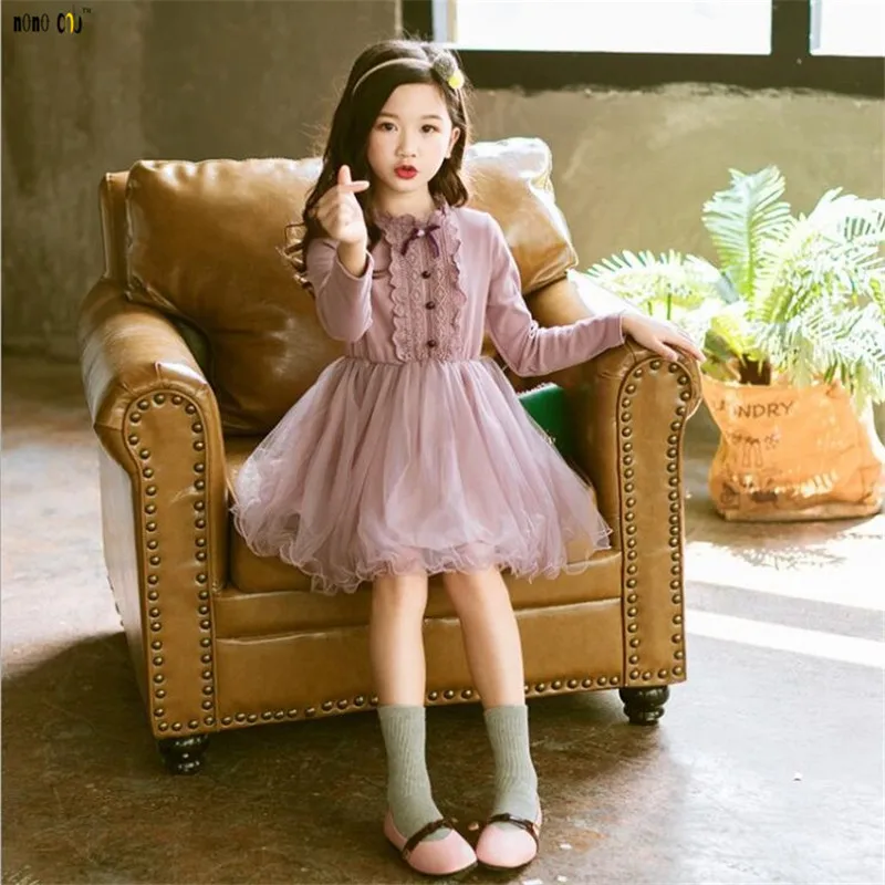 Fashion Lacework Princess Dress Girl Long Sleeve Autumn Mesh Elegant Dresses Kids Girls Clothes 4 5 6 7 8 9 10 11 12 Years | Детская