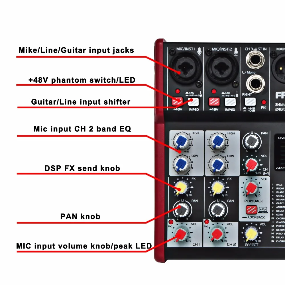 Freeboss UM-66, 4 канала, 16 цифровых эффектов, 24 бит, Dsp процессор, звуковая карта(пластина зала, задержка эха), аудио микшер