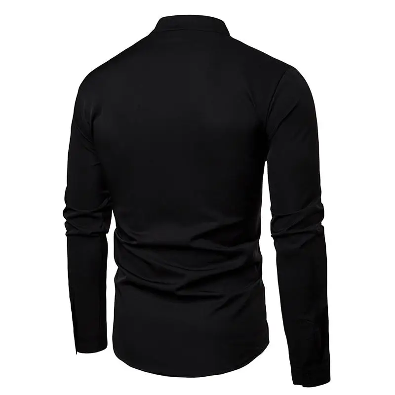 Новая модель рубашки с воротником-стойкой белый черный Camisa социальной Мужская рубашка уникальный золотой дизайн Блузка мужская одежда Slim fit