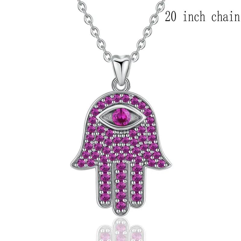 with 20 inch chain Юдора 925 стерлингового серебра Хамса подвеска в форме руки ожерелье фиолетовые украшения CZ модные украшения для женщин девушки день рождения лучший подарок D389 - Окраска металла: with 20 inch chain