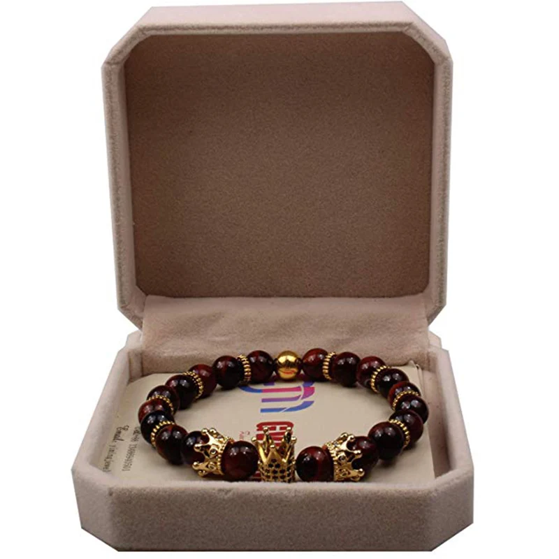 

Imperial Crown Red Tiger Eye Stone Beads Bracelet King&Queen Luxury Charm Jewelry Xmas Gift for Women Men