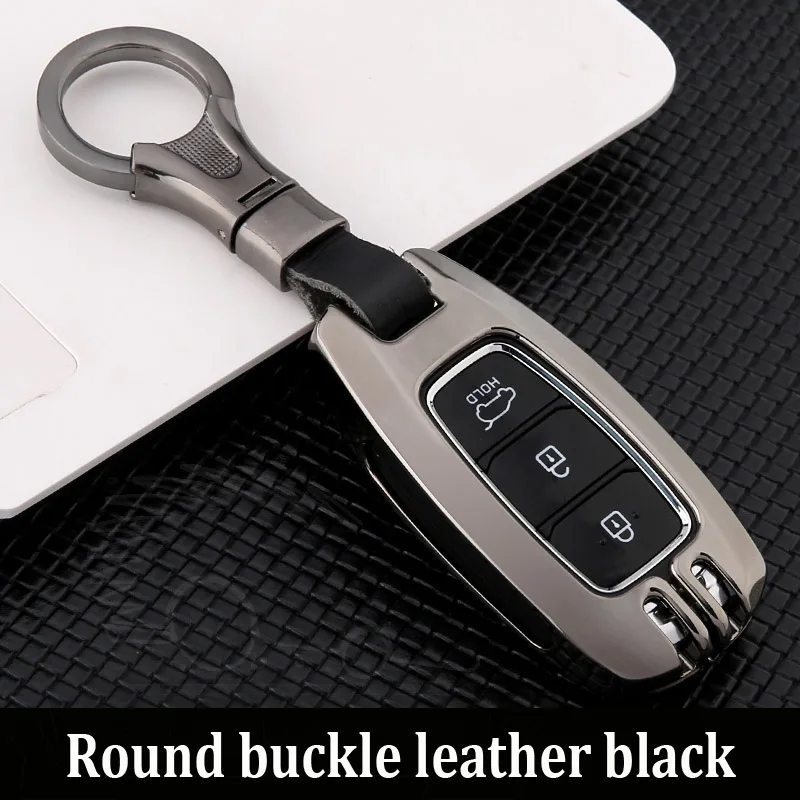 Round keychain black Чехол для ключей автомобиля из цинкового сплава для hyundai i30 Ix35 Solaris Azera Elantra Grandeur Ig Accent Santa Fe Verna - Название цвета: Round keychain black