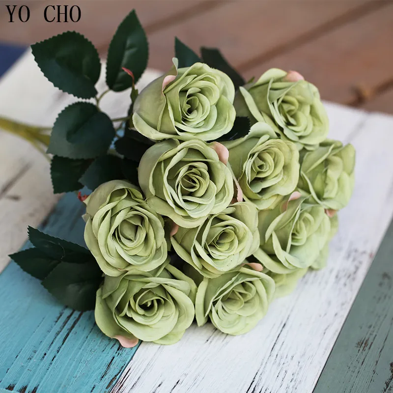 dark green YO CHO 40 см искусственные цветы розы Белая роза для свадебного букета красивый дисплей цветок домашний декор бонсай цветок - Цвет: dark green