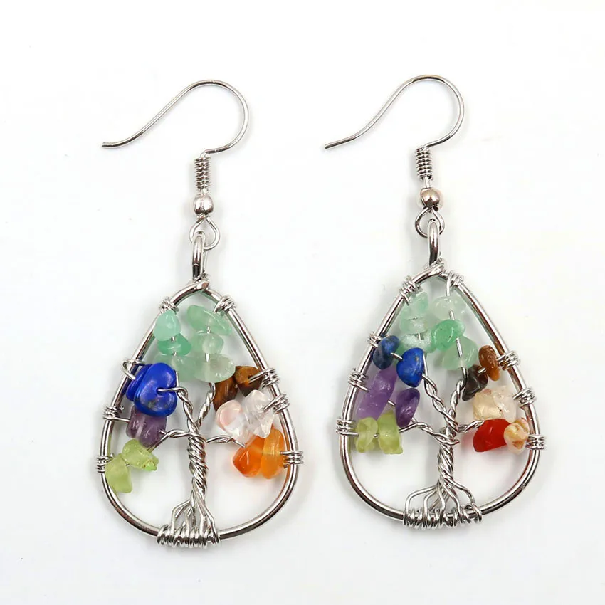 FYJS Unique Silver Plated Wire Wrap Tree of Life Water Drop Earrings Rainbow Stone Healing Chakra Jewelry | Украшения и