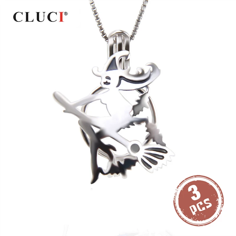CLUCI 3 шт. Хэллоуин 925 Стерлинговое Серебро Летающая метла ведьма клетка кулон для