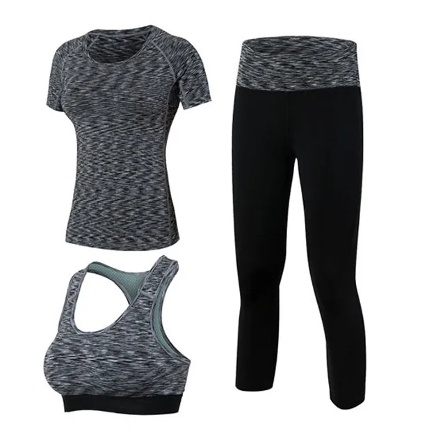 Grey 3pcs set Yoloey/быстросохнущий комплект для йоги из 3 предметов, облегающий сексуальный топ для тренировок, спортивный костюм, рубашка для бега, леггинсы, штаны, спортивный бюстгальтер, женский спортивный костюм - Цвет: Grey 3pcs set