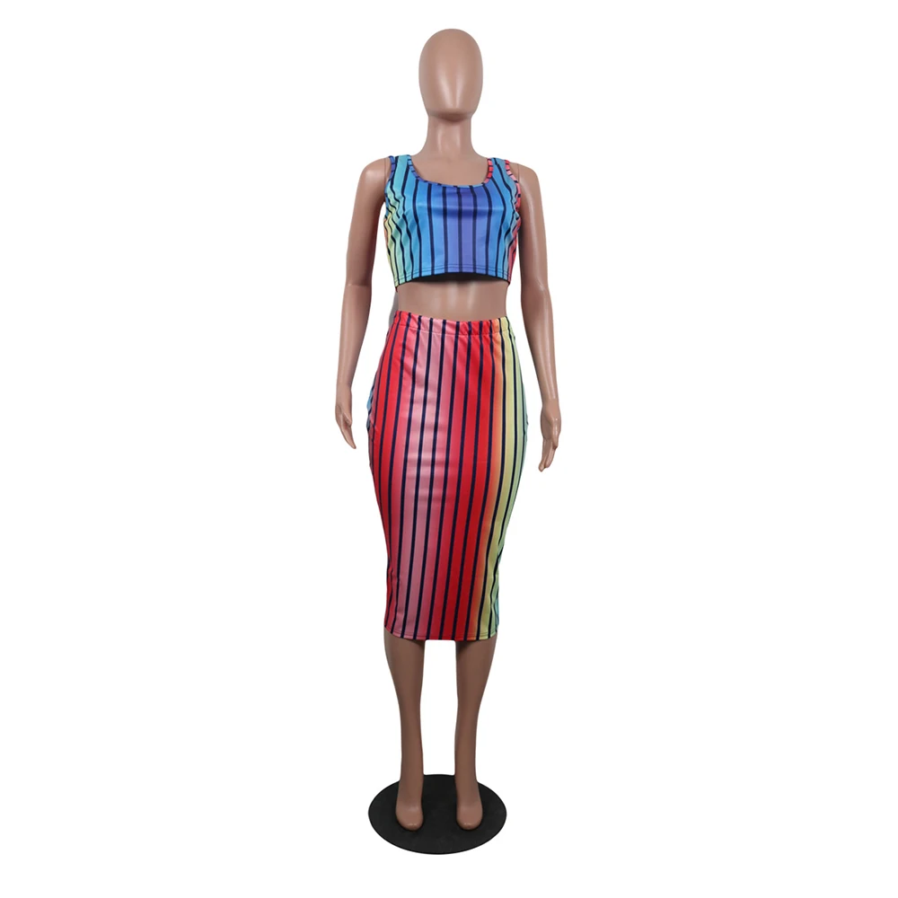 

Sexy Colorful Vertical Stripe Print Two Piece Set Women Sleeveless O-Neck Crop Top and Mid-calf Skirt Summer Club Party Outfits