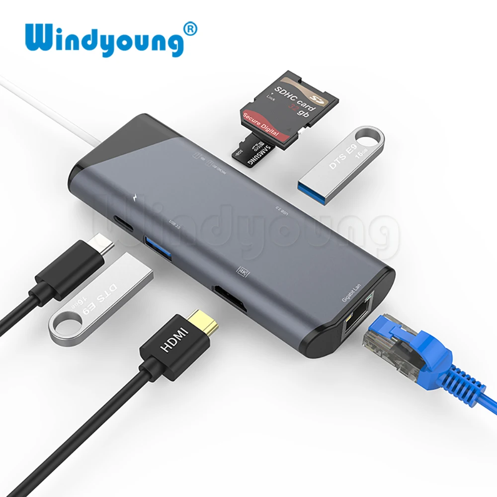 7 в 1 USB C концентратор HDMI 4K Gigabit Ethernet Rj45 адаптер 3 SD/TF кардридер PD для MacBook Pro iPad Type