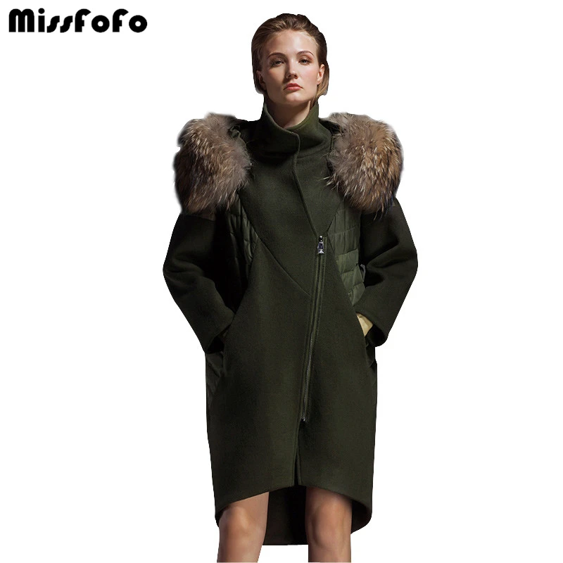MissFoFo 2019 новая мода парка зимняя куртка с большим меховым воротником шерстяная