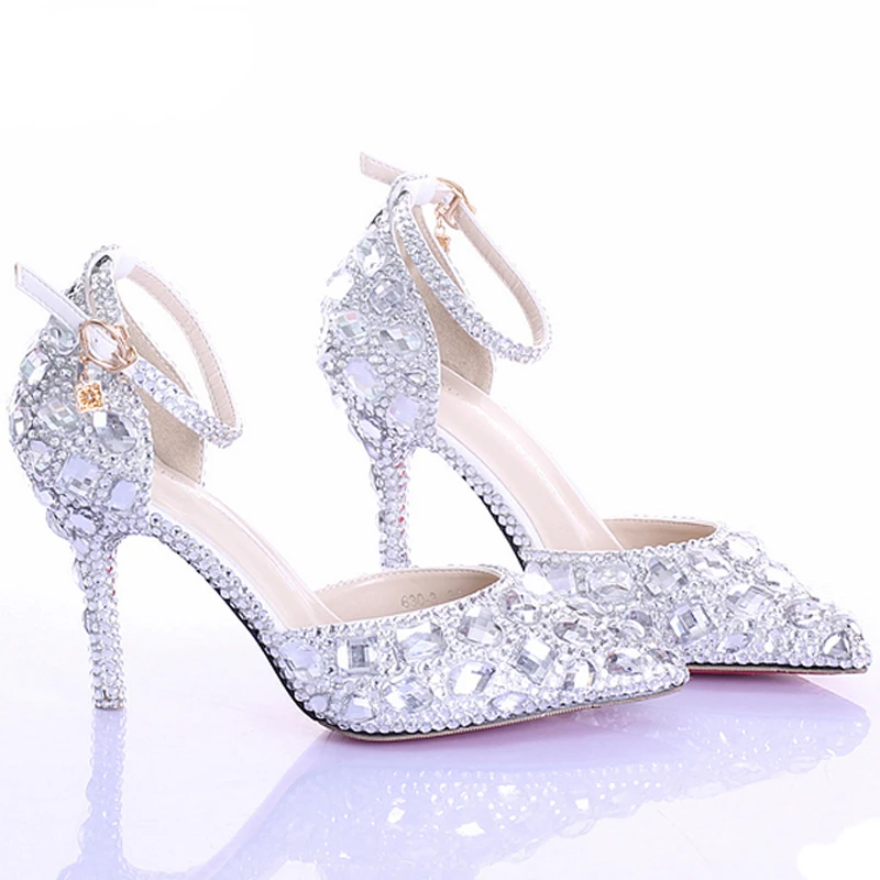 Остроносые серебряные туфли на высоких каблуках Переливающиеся свадебные