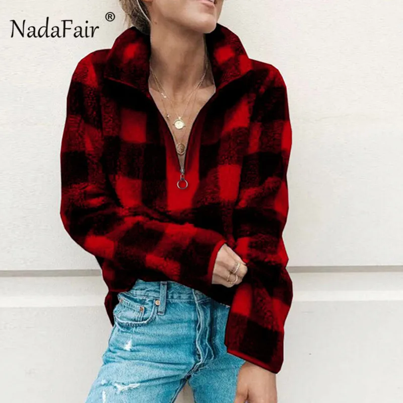 Nadafair осень зима флис искусственный мех Плед толстовки для женщин на молнии свободные повседневные кофты женские утепленные Мягкие плюшевые Топы