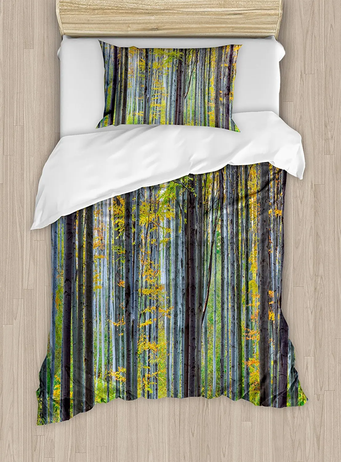 Duvet Cover Set Lush Beech Fall Tree with Tall Bodies Wilderness Rural Countryside Design Decorative 4 Piece Bedding | Дом и сад