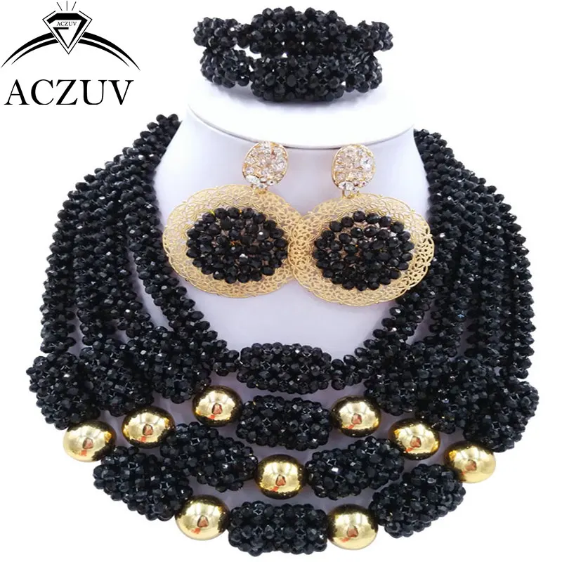 ACZUV последние черные африканские бусины свадебные комплекты ювелирных изделий нигерийское ожерелье и серьги D4R017