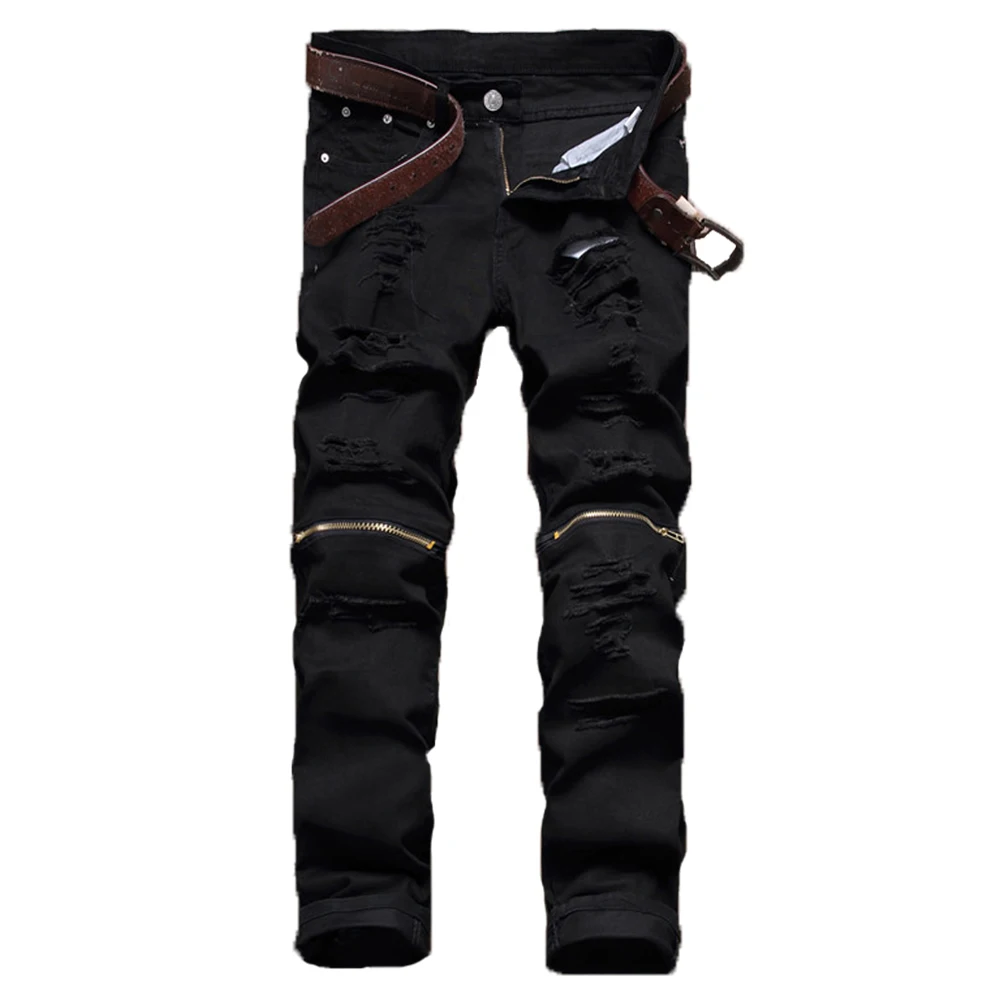 Мужские черные джинсы коленях молния Байкер Denim Slim Fit Torned узкие прямые хип-хоп