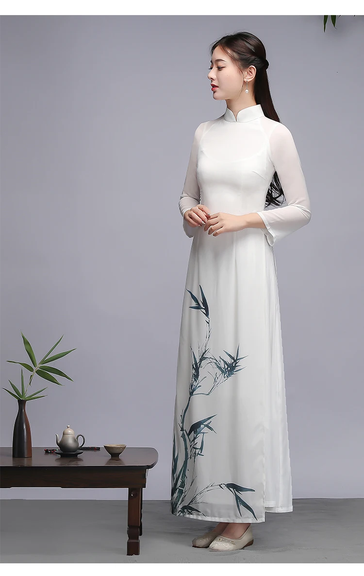 Летнее платье для девочек в винтажном стиле; в китайском стиле Фея Aodai Qipao платья двойной Слои платье для женщин танец платье Zen Чай одежда vestidos WJ588