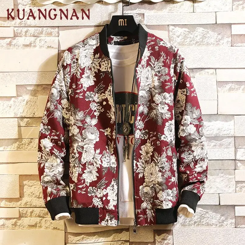 Red KUANGNAN весенняя куртка с цветочным принтом, мужская уличная куртка-бомбер, Мужское пальто, ветровка, мужская куртка, пальто XXXL, новое поступление - Цвет: Red