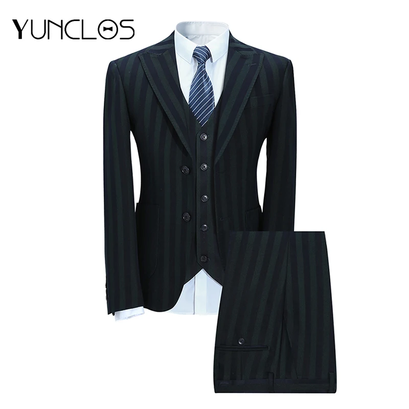 YUNCLOS Men Business Suits Wedding Slim Fit Double-Breasted Striped Male Formal 3 PCS Prom with Pant For | Мужская одежда
