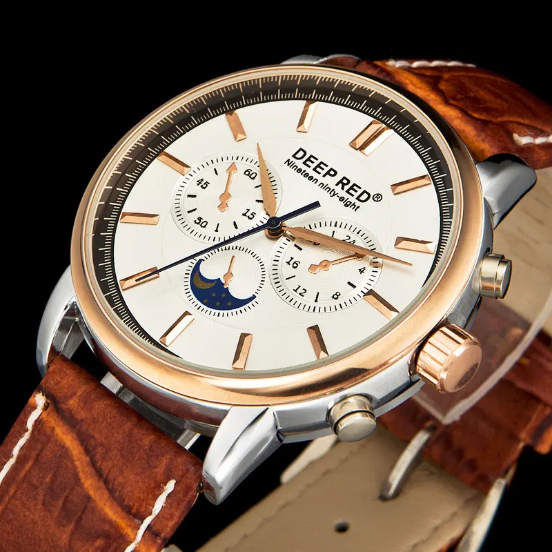 Мужские кварцевые часы DEEPRED с кожаным ремешком и золотым чехлом|watch men|watch men leatherwatch