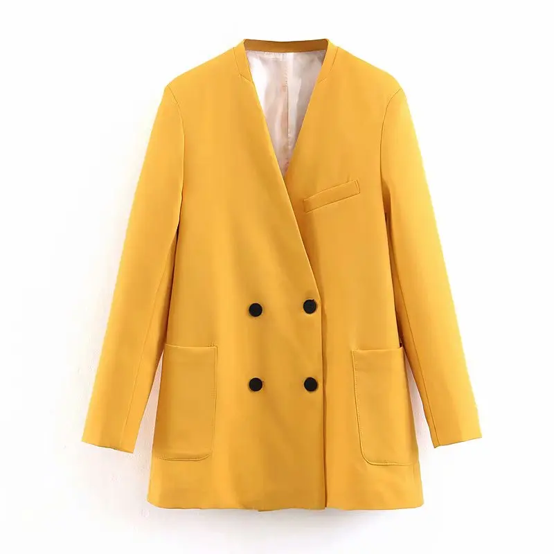 Женский двубортный пиджак однотонный с v-образным вырезом для работы | Женская