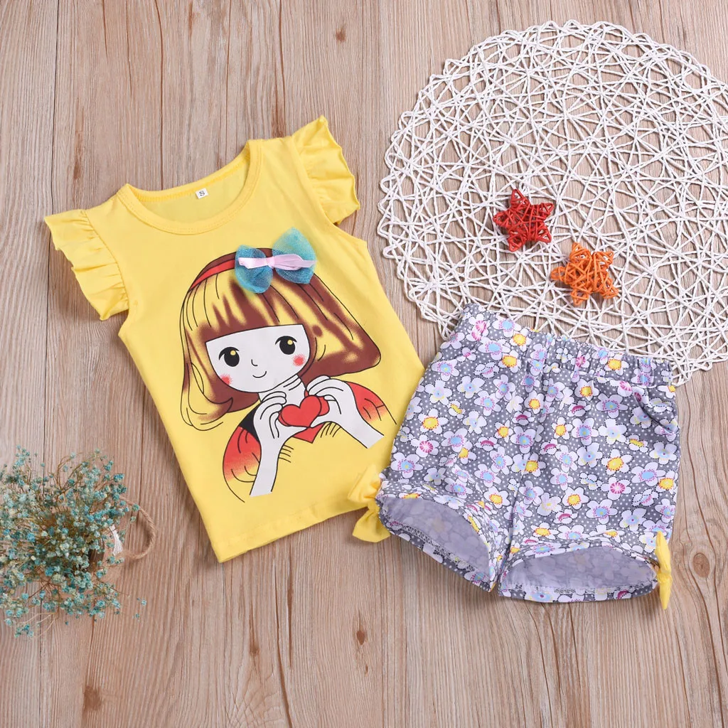 Toddler Kids Clothes Girl Cartoon Printed Sleeveless Tops+Floral Shorts Outfits Girls Summer Set Moda Infantil Menina |