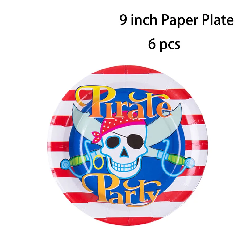 9 inch plate 6 Pcs Пиратская тема, детские принадлежности для дня рождения, одноразовая посуда, бумажные чашки, тарелки, салфетки, баннер, скатерть, декор для детского душа - Цвет: 9 inch plate 6 Pcs