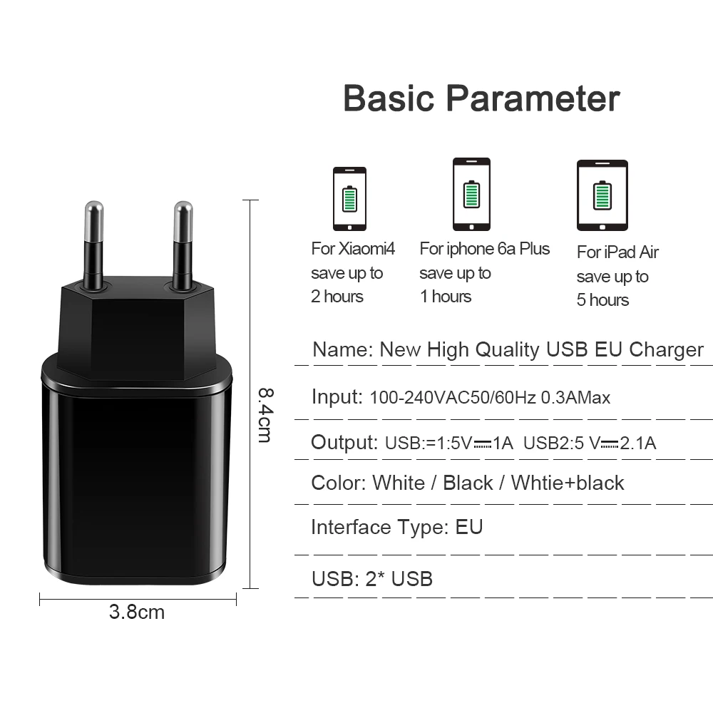 Универсальная штепсельная вилка европейского стандарта 2 порта USB зарядное