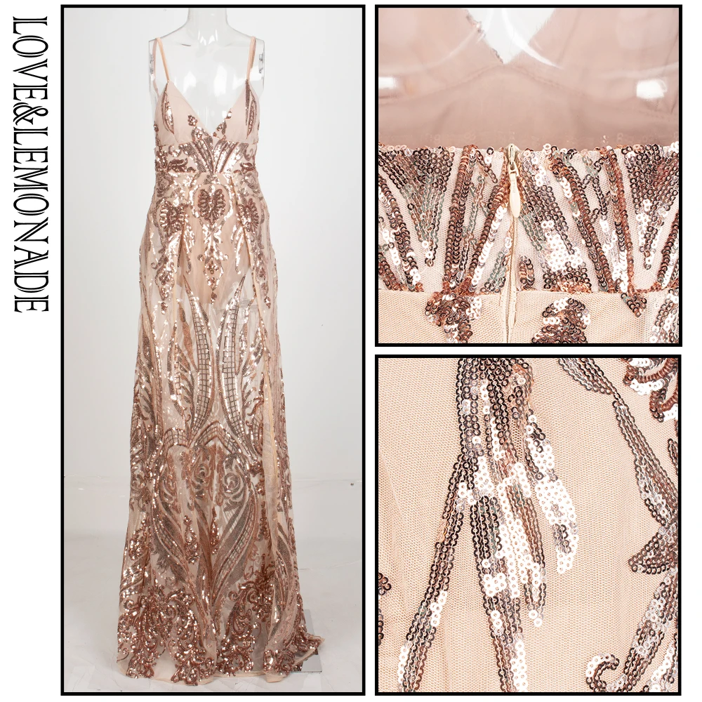 Женское платье с блестками LOVE & LEMONADE золотистое длинное глубоким V образным